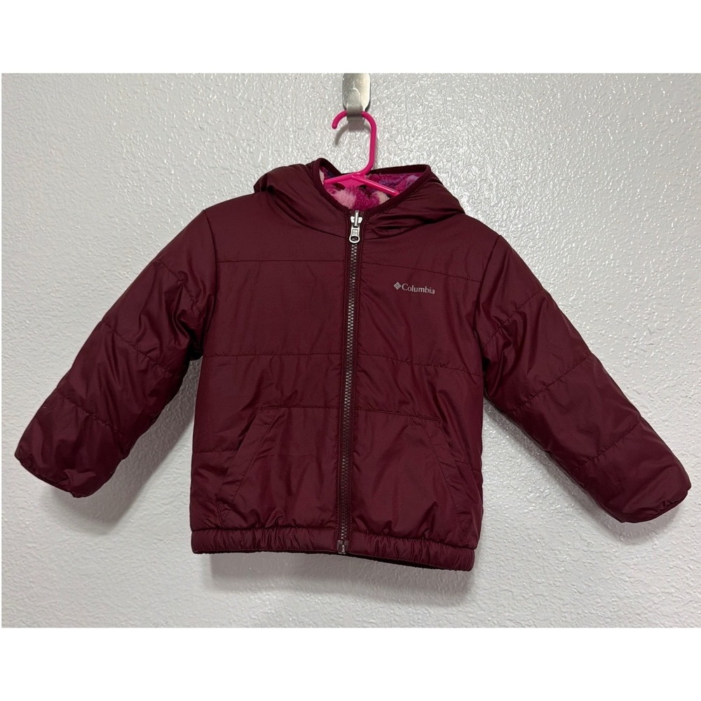 Columbia Reversible Hooded Puffer Jacket Burgundy Horse Print Toddler 3T